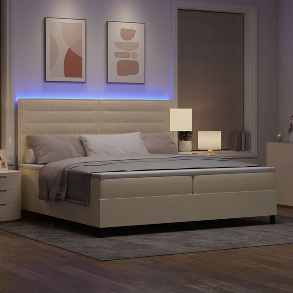 vidaXL Cama Box com colch&atilde;o com led Creme 200 x 200 cm tecido