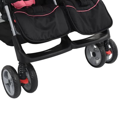 vidaXL Carrinho de bebé para gémeos aço cor-de-rosa e preto