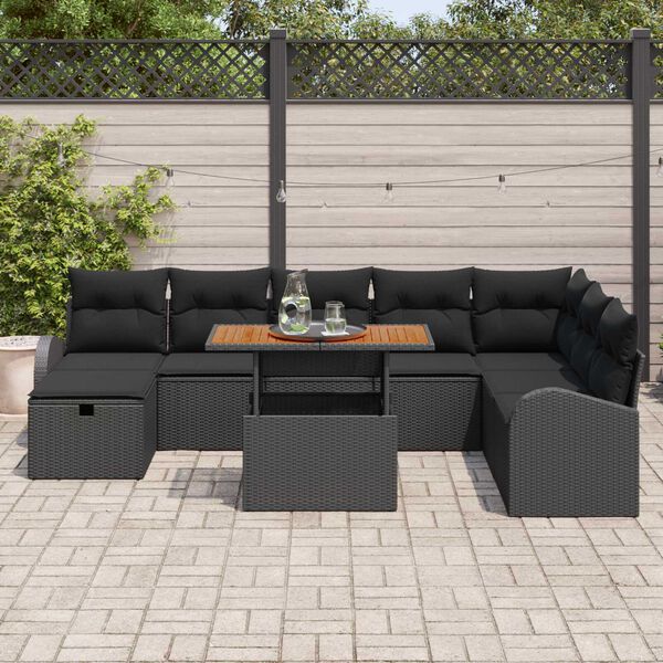 vidaXL Conjunto de Sof&aacute; de Jardim com almofada 9 pcs Preto vime PE