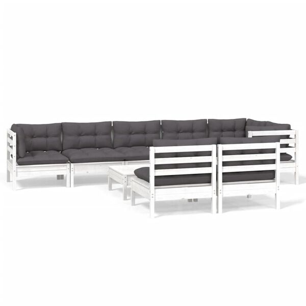 vidaXL 9 pcs conj. lounge de jardim c/ almofadões pinho maciço branco