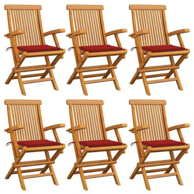 vidaXL Cadeiras de jardim c/ almofadões vermelhos 6 pcs teca maciça