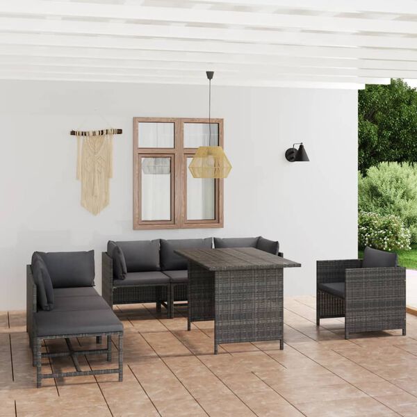 vidaXL 8 pcs conjunto lounge de jardim c/ almofad&otilde;es vime PE cinzento