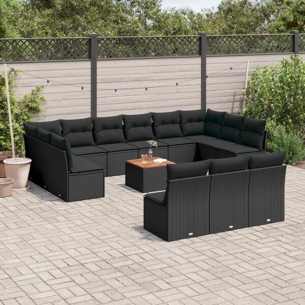 vidaXL 14 pcs conjunto de sof&aacute;s p/ jardim c/ almofad&otilde;es vime PE preto