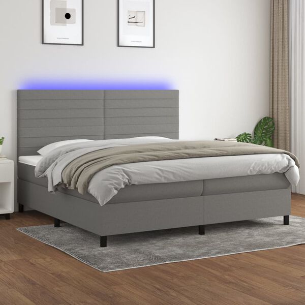 vidaXL Cama box spring c/ colch&atilde;o e LED 200x200 cm tecido cinza-escuro