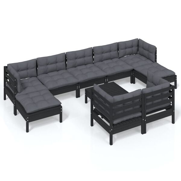 vidaXL 10 pcs conjunto lounge jardim c/ almofad&otilde;es pinho maci&ccedil;o preto