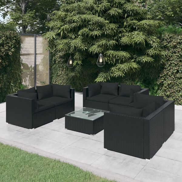 vidaXL 7 pcs conjunto lounge de jardim c/ almofad&otilde;es vime PE preto