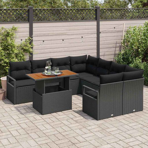 vidaXL Conjunto de Sof&aacute; de Jardim 9 pcs Preto Rattan Sint&eacute;tico