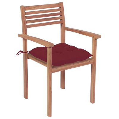 vidaXL Cadeiras de jardim c/ almofadões vermelho tinto 4 pcs teca maciça