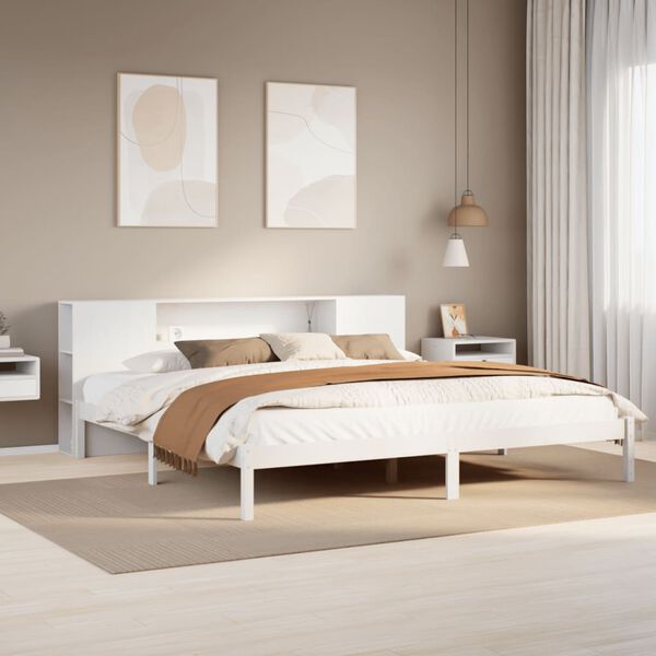 vidaXL Cama com estante sem colchão 180x200 cm pinho maciço branco