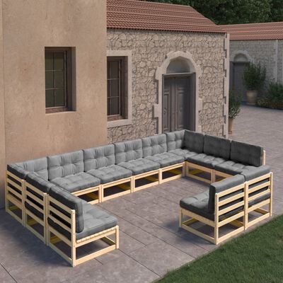 vidaXL 12 pcs conjunto lounge de jardim com almofadões pinho maciço