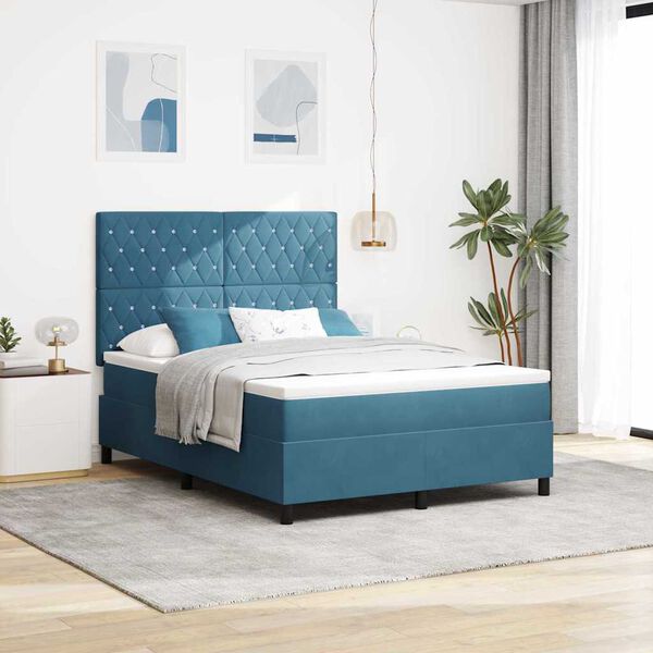 vidaXL Cama Box com colch&atilde;o Azul Escuro 140 x 200 cm Veludo