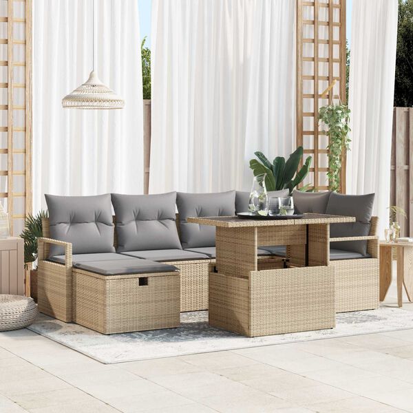 vidaXL Conjunto de Sof&aacute; de Jardim 7 pcs Bege Rattan Sint&eacute;tico