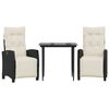 vidaXL 3 pcs conjunto de jantar p/ jardim c/ almofad&otilde;es vime PE preto