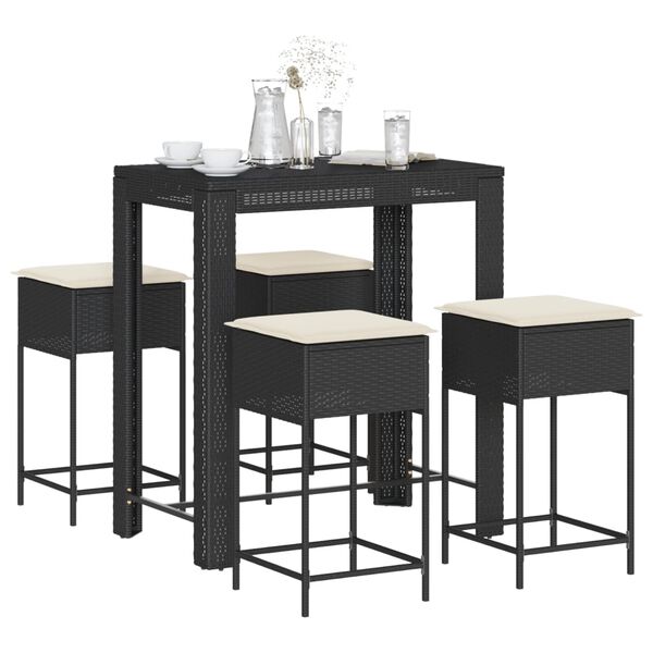 vidaXL 5 pcs conjunto de bar p/ jardim c/ almofad&otilde;es vime PE preto