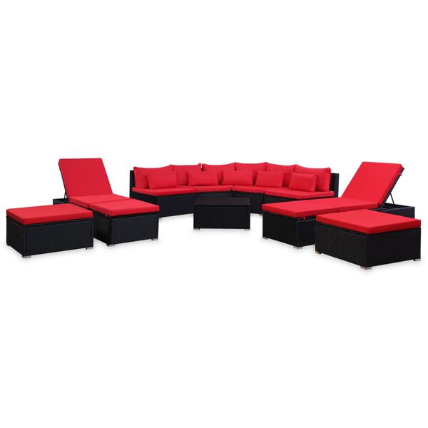 vidaXL Conjunto lounge de jardim c/ almofad&otilde;es 9 pcs vime PE vermelho