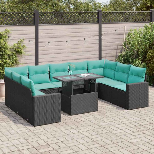 vidaXL 10 pcs conjunto sof&aacute;s jardim c/ almofad&otilde;es vime PE/ac&aacute;cia preto