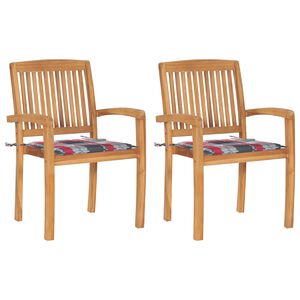 vidaXL Cadeiras jardim c/ almofad&otilde;es xadrez vermelho 2 pcs teca maci&ccedil;a