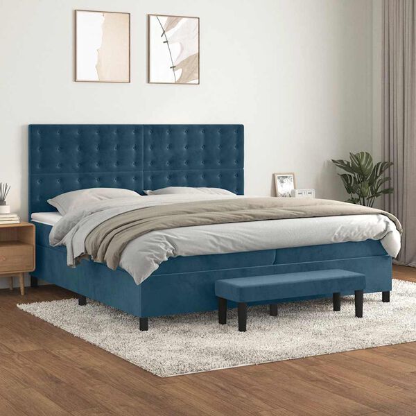 vidaXL Cama com molas/colch&atilde;o 200x200 cm veludo azul-escuro