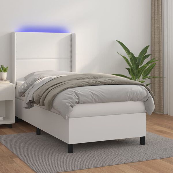 vidaXL Cama box spring c/ colch&atilde;o/LED 90x200cm couro artificial branco