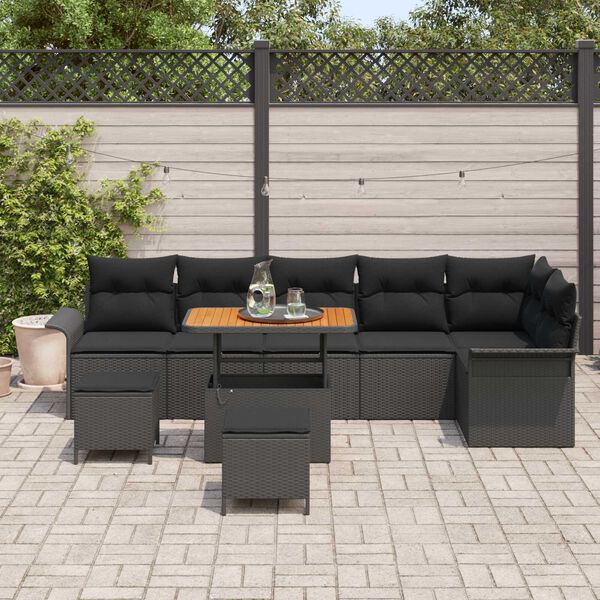 vidaXL Conjunto de Sof&aacute; de Jardim com almofada 9 pcs Preto vime PE