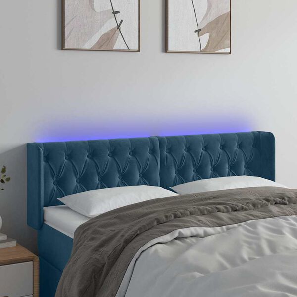 vidaXL Cabeceira cama c/ luzes LED veludo 163x16x78/88 cm azul-escuro