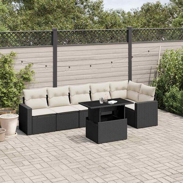 vidaXL 7 pcs conjunto de sof&aacute;s p/ jardim c/ almofad&otilde;es vime PE preto