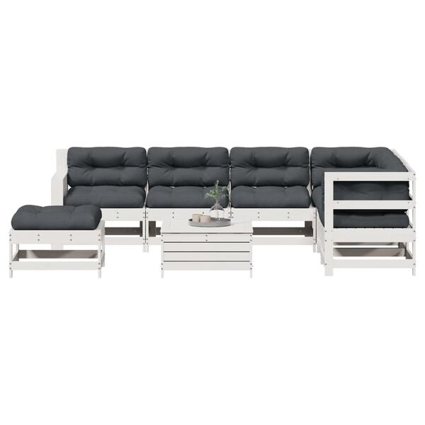 vidaXL 8 pcs conj. lounge de jardim c/ almofad&otilde;es pinho maci&ccedil;o branco