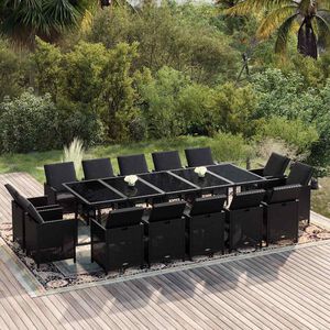 vidaXL 15 pcs conjunto jantar p/ jardim c/ almofad&otilde;es vime PE preto