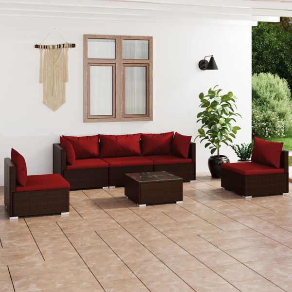 vidaXL 6 pcs conjunto lounge jardim c/ almofad&otilde;es vime PE castanho