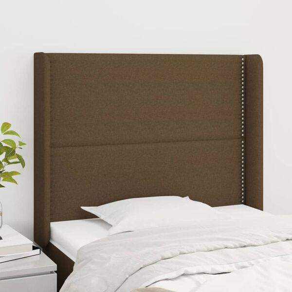 vidaXL Cabeceira cama c/ abas tecido 103x16x118/128 cm castanho-escuro