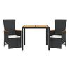 vidaXL 3 pcs conjunto de jantar p/ jardim c/ almofad&otilde;es vime PE preto
