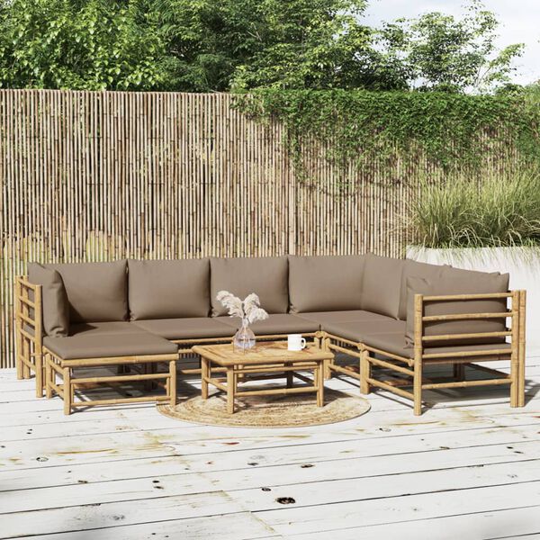 vidaXL 8 pcs conj. lounge jardim bambu almofadões cinzento-acastanhado