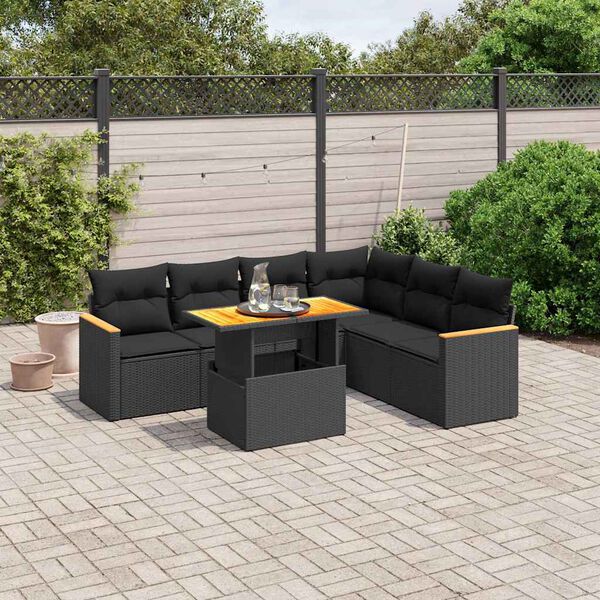 vidaXL 7 pcs conjunto de sofás p/ jardim c/ almofadões vime PE preto