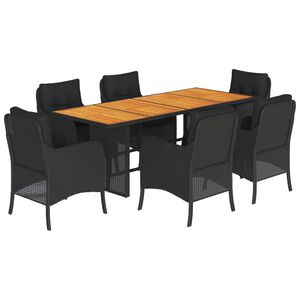 vidaXL 7 pcs conjunto de jantar p/ jardim c/ almofad&otilde;es vime PE preto
