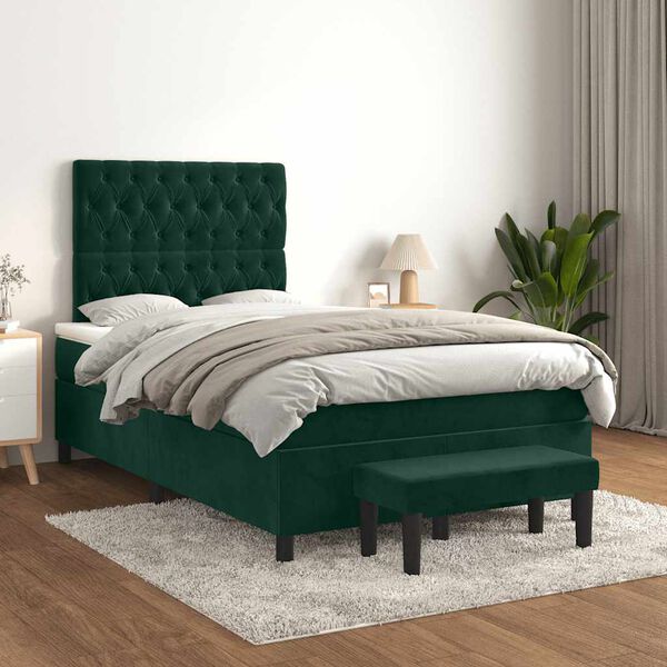 vidaXL Cama boxspring com colch&atilde;o 120x200 cm veludo verde-escuro