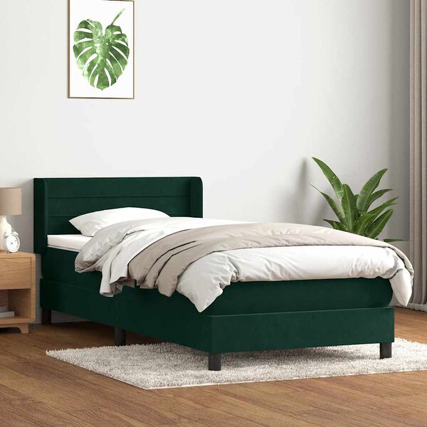 vidaXL Cama com molas/colch&atilde;o 90x220 cm veludo verde-escuro