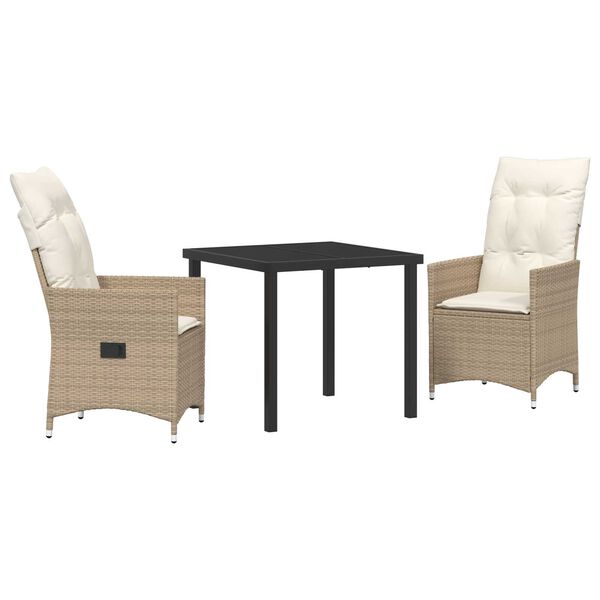 vidaXL Conjunto de Jantar para Jardim com almofada 3 pcs Bege vime PE