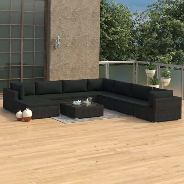vidaXL 9 pcs conjunto lounge de jardim c/ almofadões vime PE preto