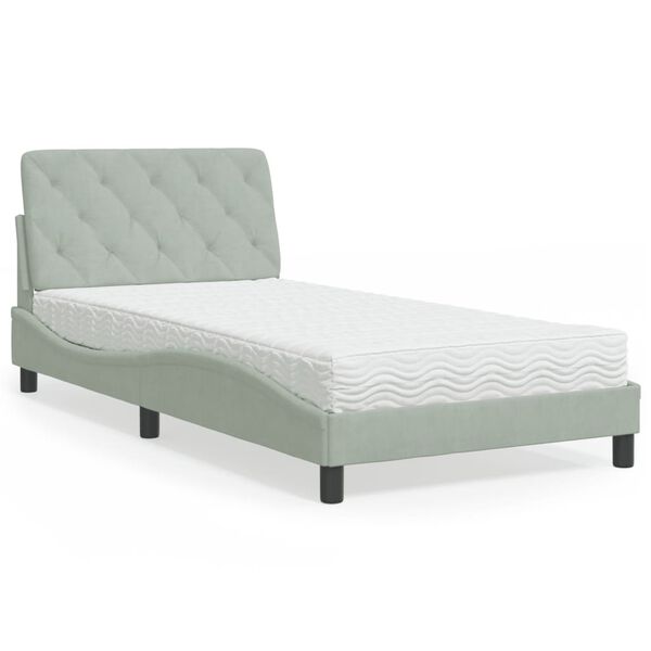 vidaXL Cama com colch&atilde;o 100x200 cm veludo cinzento-claro