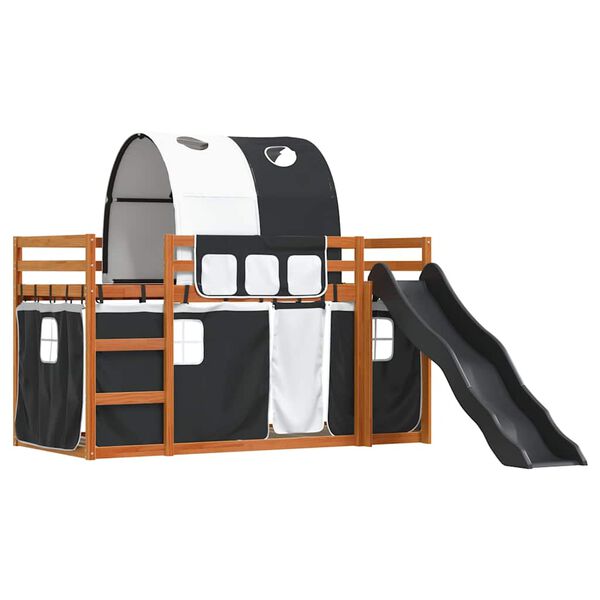 vidaXL Beliche com escorrega e cortinas 90x200 cm branco e preto