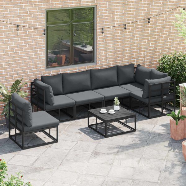 vidaXL Conjunto de Sof&aacute; de Jardim com almofada 7 pcs Preto Alum&iacute;nio