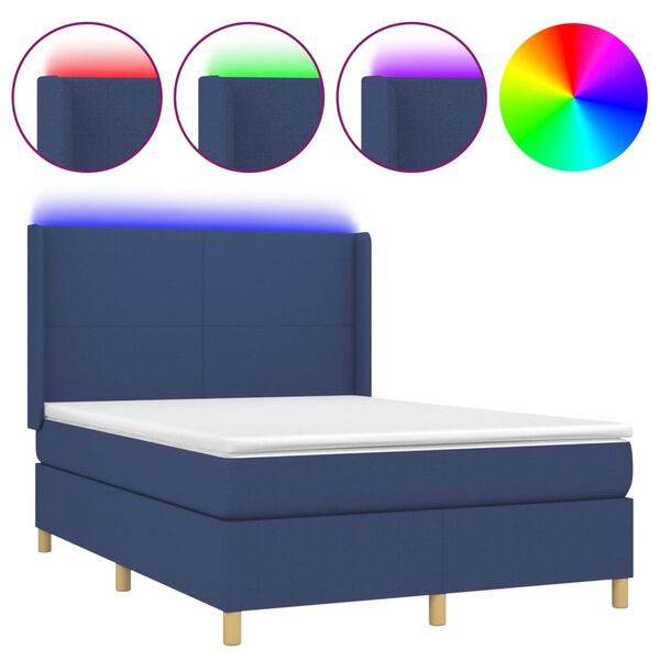 vidaXL Cama box spring c/ colch&atilde;o e LED 140x200 cm tecido azul