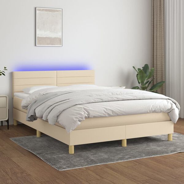 vidaXL Cama box spring c/ colch&atilde;o e LED 140x200 cm tecido cor creme