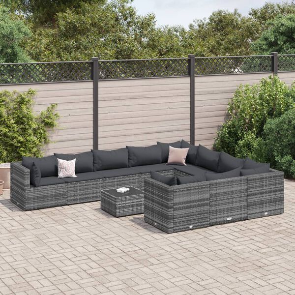 vidaXL 11 pcs conjunto sofás de jardim c/ almofadões vime PE cinzento