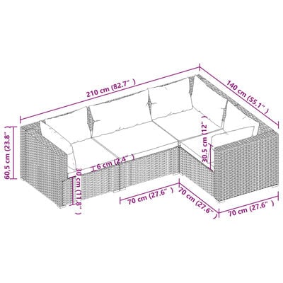 vidaXL 4 pcs conjunto lounge de jardim c/ almofadões vime PE preto