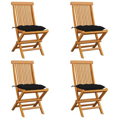 vidaXL Cadeiras de jardim c/ almofadões pretos 4 pcs teca maciça