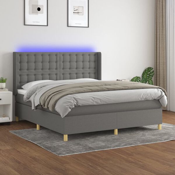 vidaXL Cama box spring c/ colch&atilde;o e LED 180x200 cm tecido cinza-escuro