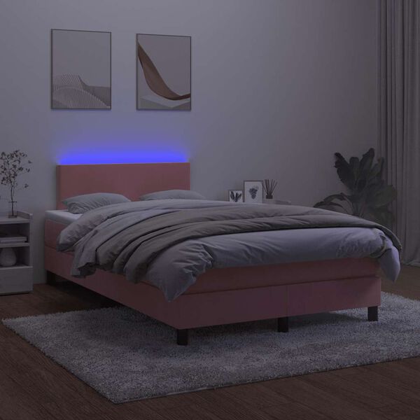 vidaXL Cama box spring c/ colch&atilde;o luzes e LED 120x190 cm veludo rosa