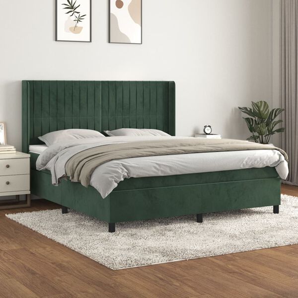 vidaXL Cama com molas/colch&atilde;o 180x200 cm veludo verde-escuro