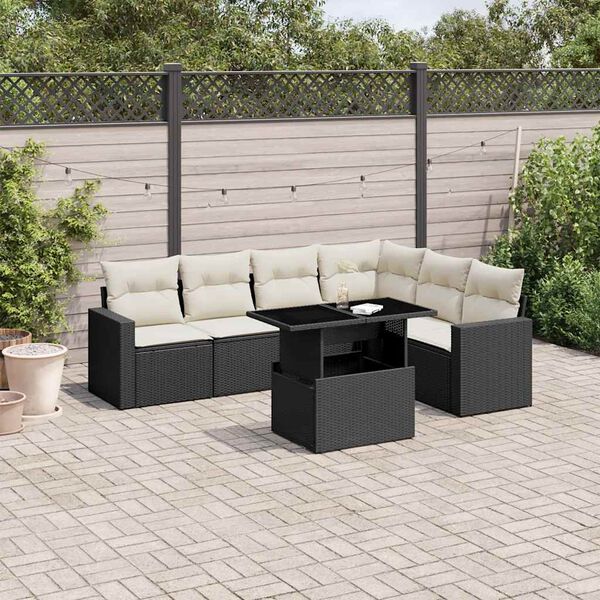 vidaXL 7 pcs conjunto de sof&aacute;s p/ jardim c/ almofad&otilde;es vime PE preto